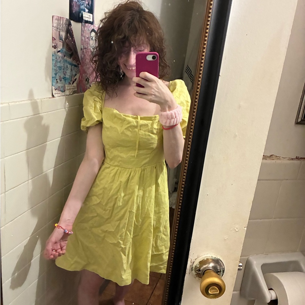 Chic Chartreuse Yellow Green Puff Sleeve Mini Dress